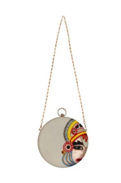 Designer White Round Clutch With Maharaja Beadwork Evening Purse -One Minutesaree Shop ADCL2110A 3