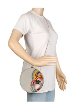 Designer White Round Clutch With Maharaja Beadwork Evening Purse -One Minutesaree Shop ADCL2110A 5
