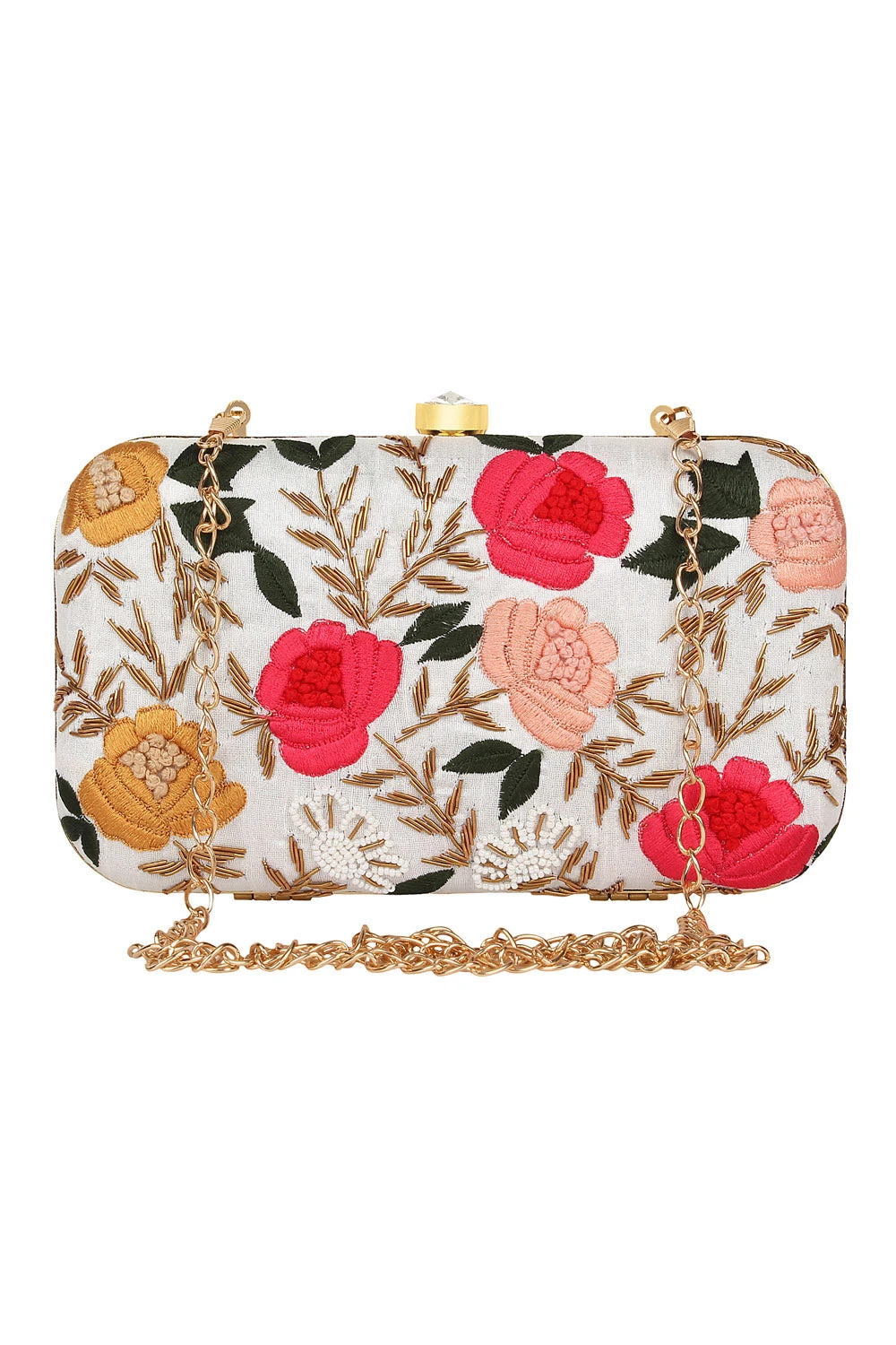 Designer White With Marigold And Coral Pink Floral Embroidery Clutch 1 Designer White With Marigold And Coral Pink Floral Embroidery Clutch