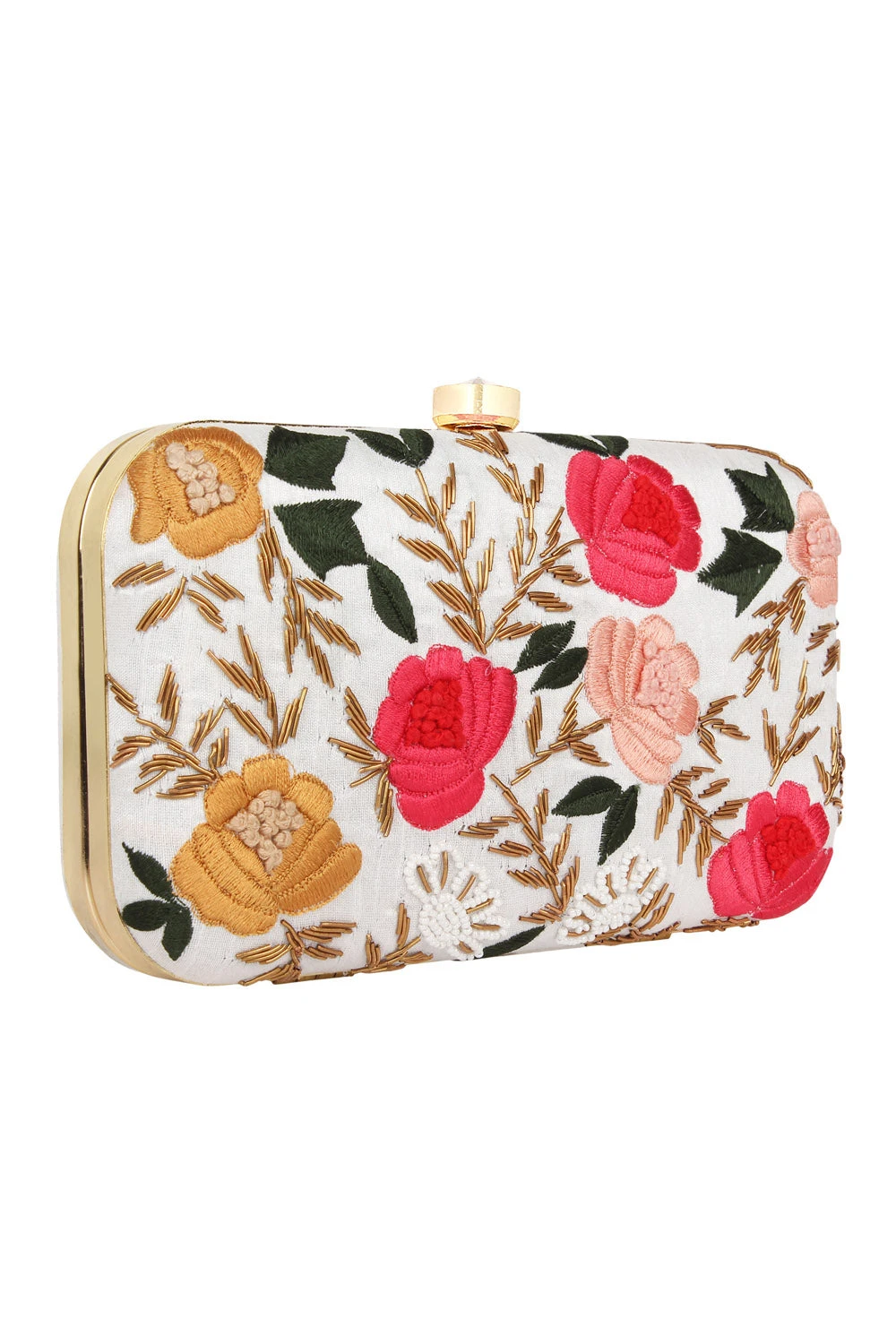 Designer White With Marigold And Coral Pink Floral Embroidery Clutch 2 Designer White With Marigold And Coral Pink Floral Embroidery Clutch - Image 2
