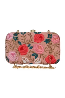 Designer Velvet Clutch In Pink With Floral Embroidery