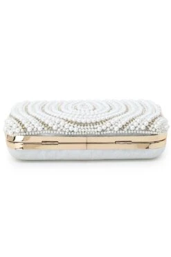 Designer White & Gold Silk Embellished Pearl Work Box Clutch -One Minutesaree Shop ADCL2211A 5