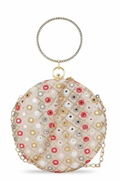 Designer Round Clutch In Cream Silk With Mirror Work & Multi-color Embroidery