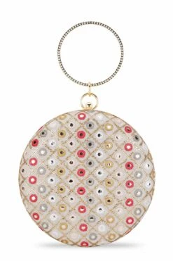 Designer Round Clutch In Cream Silk With Mirror Work & Multi-color Embroidery -One Minutesaree Shop ADCL2309A 3