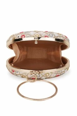 Designer Round Clutch In Cream Silk With Mirror Work & Multi-color Embroidery -One Minutesaree Shop ADCL2309A 4