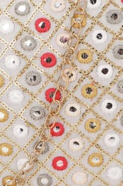 Designer Round Clutch In Cream Silk With Mirror Work & Multi-color Embroidery -One Minutesaree Shop ADCL2309A 6