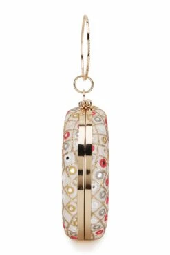 Designer Round Clutch In Cream Silk With Mirror Work & Multi-color Embroidery -One Minutesaree Shop ADCL2309A 8