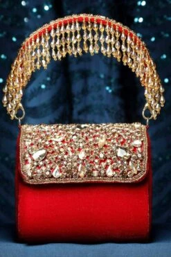 Designer Red &Gold Stone Work Embellished Velvet Purse Clutch