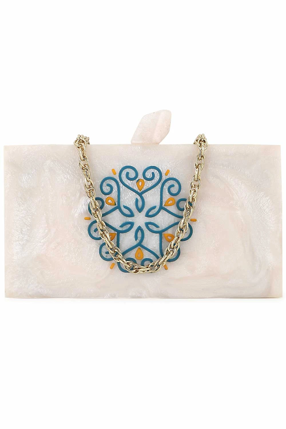 Designer Off-White & Multi-color Resin Mandala Printed Clutch 1 Designer Off-White & Multi-color Resin Mandala Printed Clutch