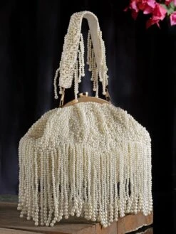 Designer Raining Pearls White Silk Beadwork Purse