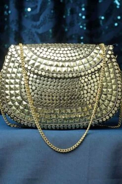Designer Gold Mosaic Metal Halfmoon Clutch