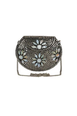 Designer Antique Silver Metalwork Clutch In Sliver & White