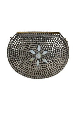Designer Antique Silver Metalwork Clutch In Sliver & White -One Minutesaree Shop ADCL7004A 2