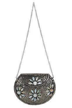 Designer Antique Silver Metalwork Clutch In Sliver & White -One Minutesaree Shop ADCL7004A 3