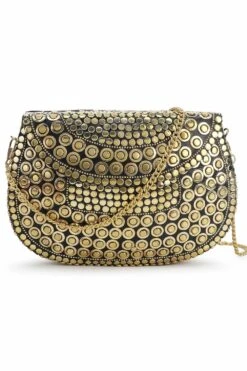 Designer Antique Gold Metal Mosaic Semi-Round Clutch