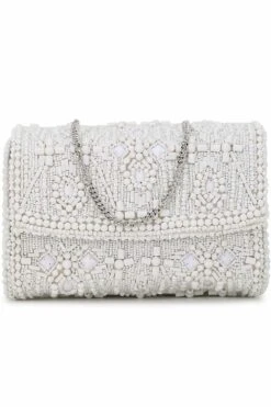 Designer White & Silver Beadwork Clutch