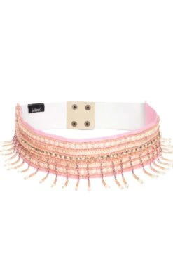 Striped Bead Work Saree Belt In Baby Pink & Multi