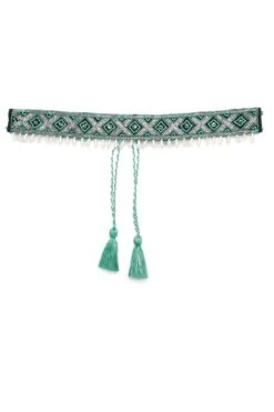 Geometric Bead Work Saree Waist Belt In Turquoise & Silver