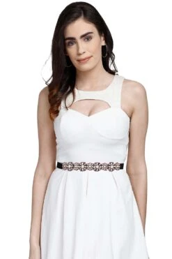 Floral Bead Work Saree Belt In Off White & Peach & Multi