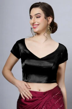 Mena Black Satin Comfort Stretch™ Leaf Neck Short Sleeve Blouse