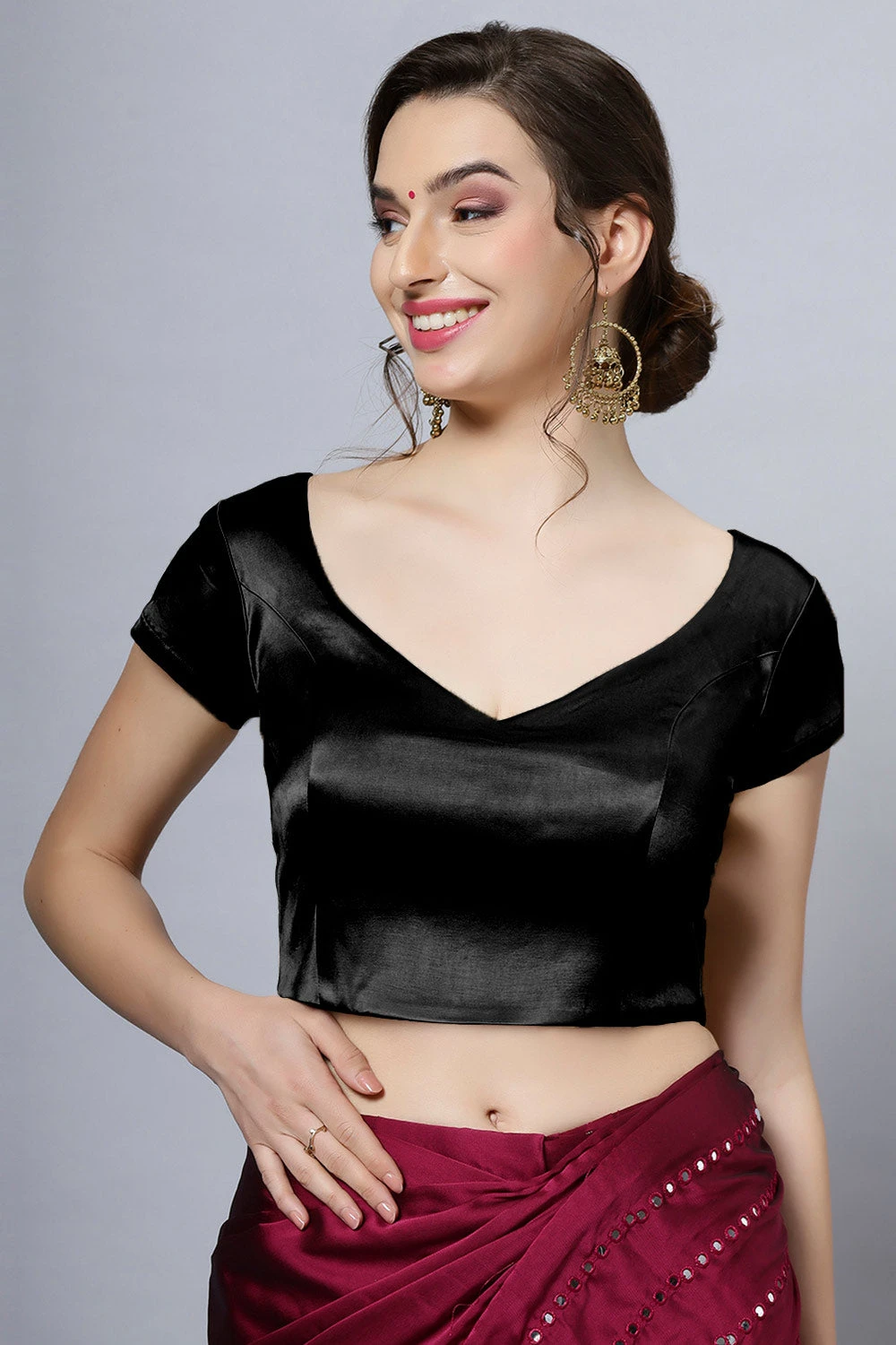 Mena Black Satin Comfort Stretch™ Leaf Neck Short Sleeve Blouse 1 Mena Black Satin Comfort Stretch™ Leaf Neck Short Sleeve Blouse