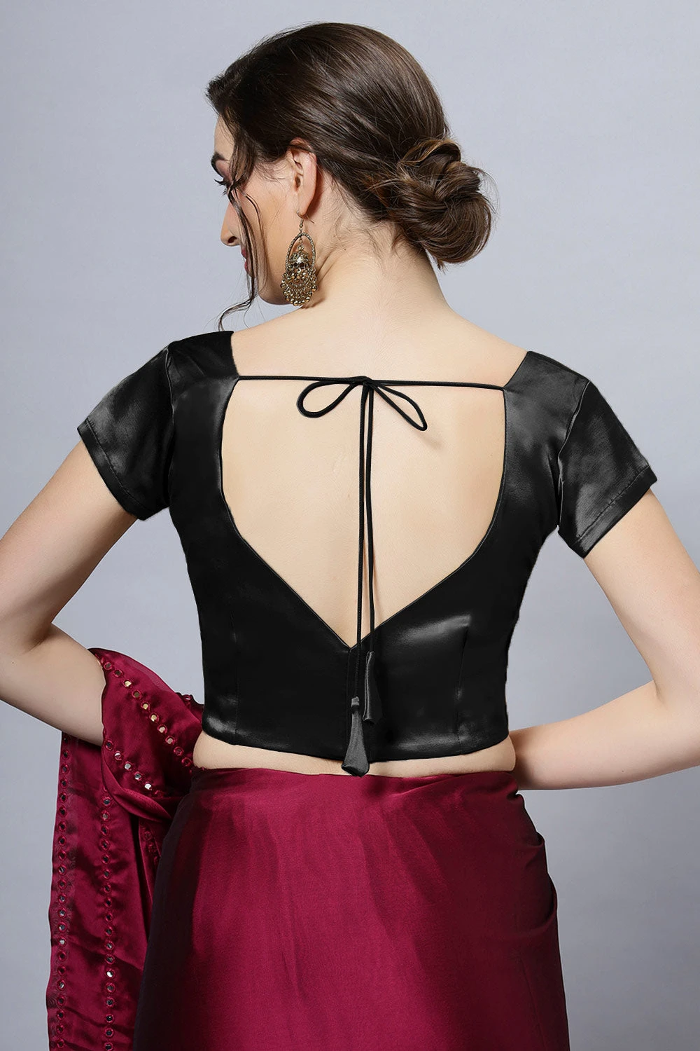 Mena Black Satin Comfort Stretch™ Leaf Neck Short Sleeve Blouse 2 Mena Black Satin Comfort Stretch™ Leaf Neck Short Sleeve Blouse - Image 2