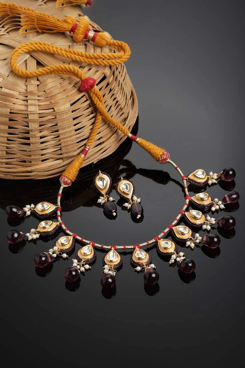 Marella Purple & Gold Kundan With Pearls Necklace And Earrings Set 2 Marella Purple & Gold Kundan With Pearls Necklace And Earrings Set - Image 2