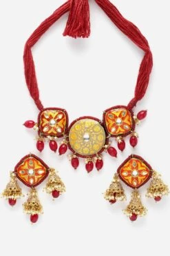 Arsheen Yellow & Orange Ceramic Kundan With Pearls Necklace And Earrings Set -One Minutesaree Shop DGNCE23020 4