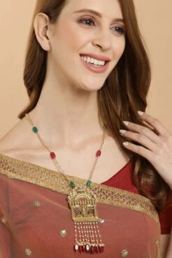 Roshni Red & Green Gold-Plated Kundan With Pearls Haar Necklace