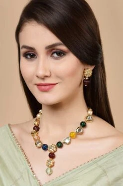 Siyara Red & Blue Gold-Plated Kundan With Pearls Bead Necklaces -One Minutesaree Shop DGNH22067 1
