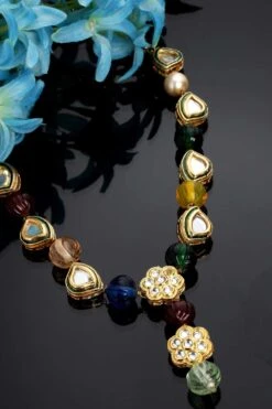 Siyara Red & Blue Gold-Plated Kundan With Pearls Bead Necklaces