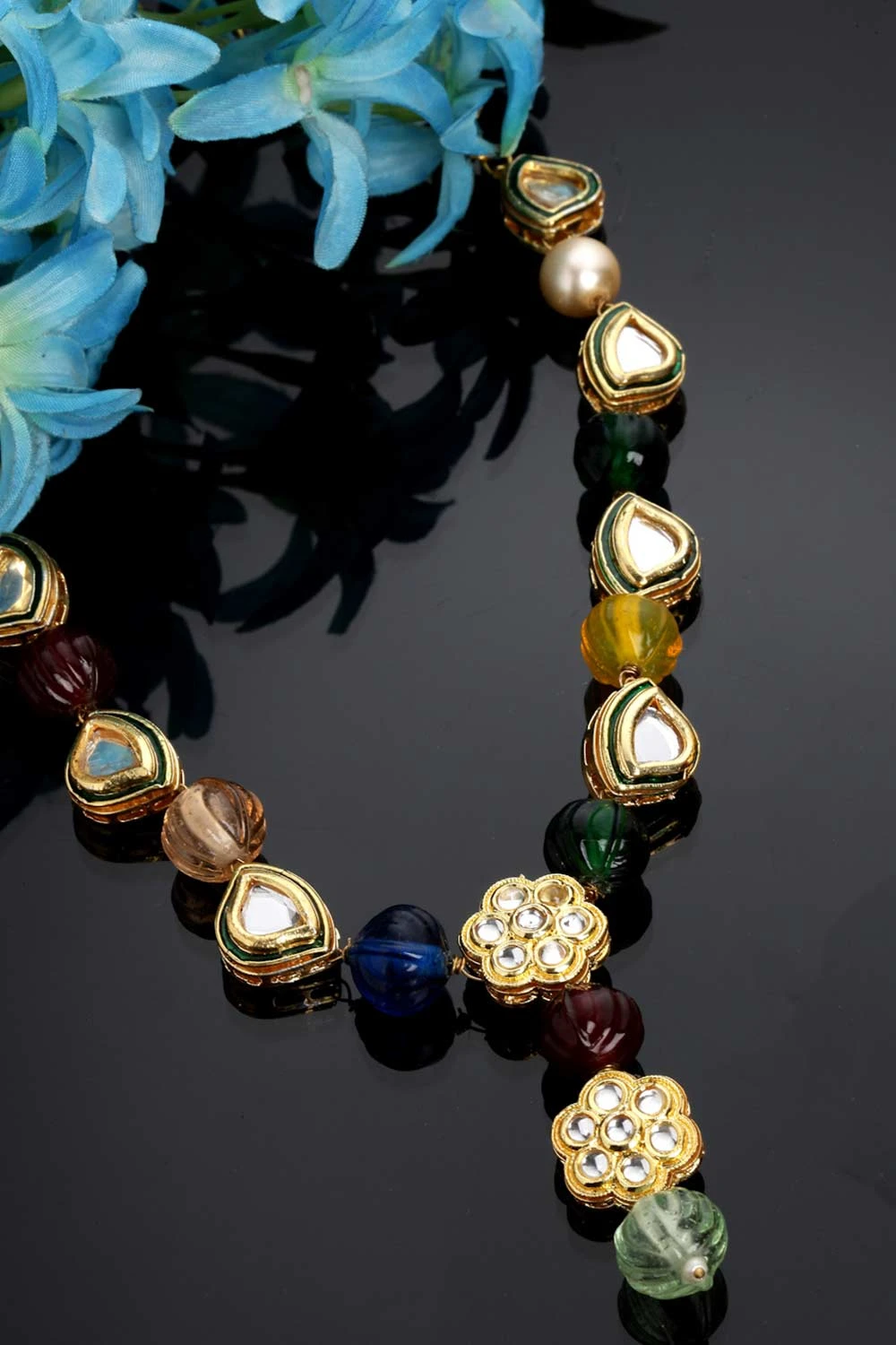 Siyara Red & Blue Gold-Plated Kundan With Pearls Bead Necklaces