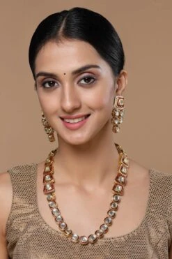 Camran Red & Gold Kundan With Pearl And Ruby Necklace And Earrings Set