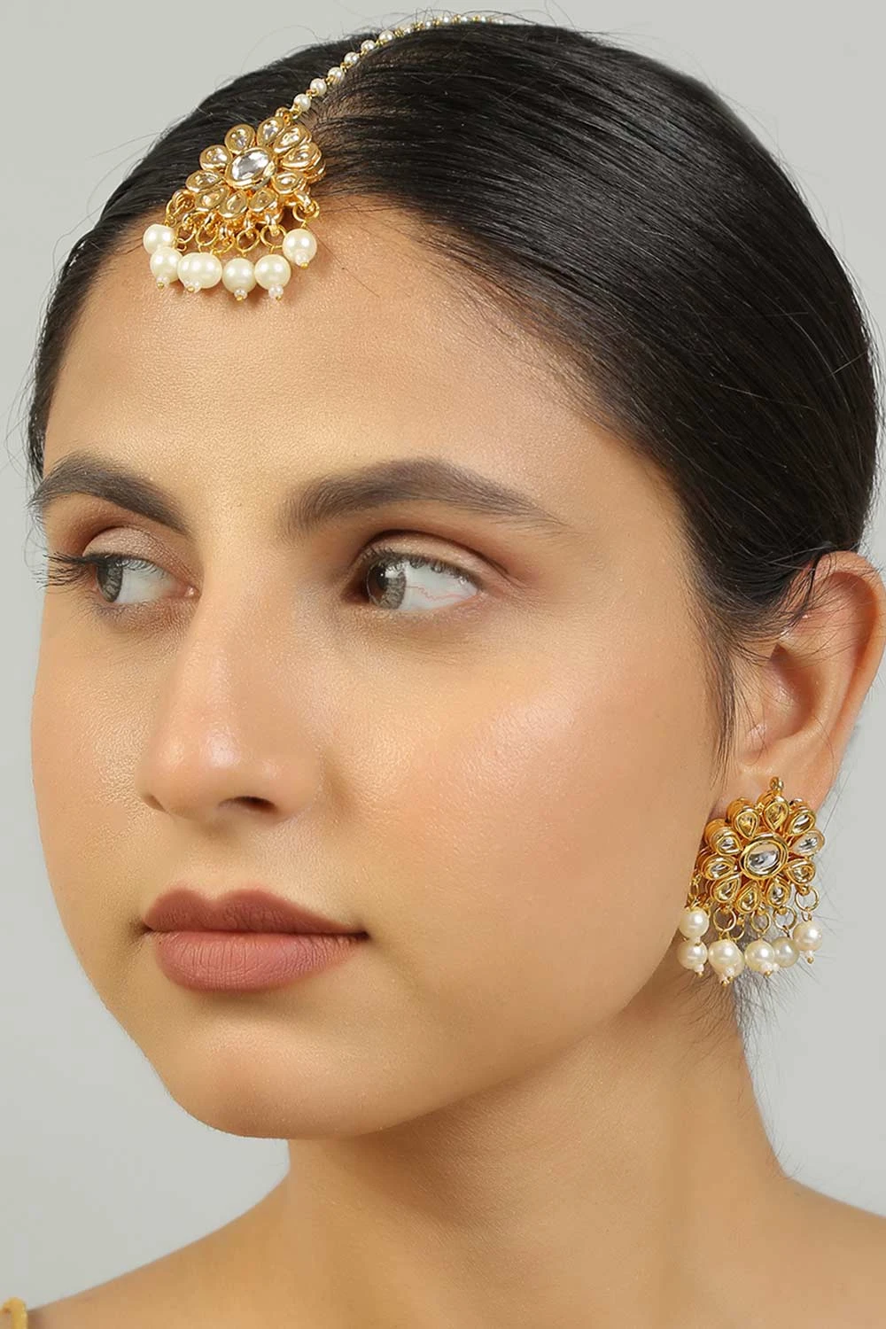 Ujas Kundan Floral Earrings With Maang Tikka Set