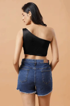 Giana Black One Shoulder Satin Comfort Stretch™ Blouse -One Minutesaree Shop Giana Black One Shoulder Satin Stretch Blouse 3