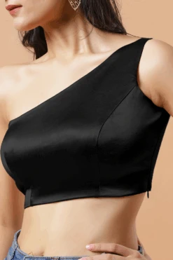 Giana Black One Shoulder Satin Comfort Stretch™ Blouse -One Minutesaree Shop Giana Black One Shoulder Satin Stretch Blouse 4