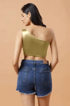 Giana Light Gold One Shoulder Satin Comfort Stretch™ Blouse -One Minutesaree Shop Giana Light Gold One Shoulder Satin Stretch Blouse 2