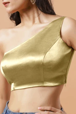 Giana Light Gold One Shoulder Satin Comfort Stretch™ Blouse -One Minutesaree Shop Giana Light Gold One Shoulder Satin Stretch Blouse 3