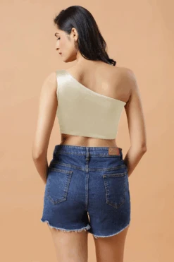 Giana Cream One Shoulder Satin Comfort Stretch™ Blouse -One Minutesaree Shop Giana Off White One Shoulder Satin Stretch Blouse 3