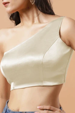 Giana Cream One Shoulder Satin Comfort Stretch™ Blouse -One Minutesaree Shop Giana Off White One Shoulder Satin Stretch Blouse 4