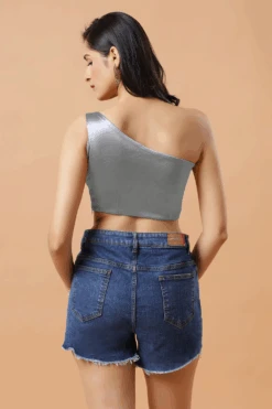 Giana Sliver One Shoulder Satin Comfort Stretch™ Blouse 6 Giana Sliver One Shoulder Satin Comfort Stretch™ Blouse -One Minutesaree Shop Giana Silver One Shoulder Satin Stretch Blouse 2