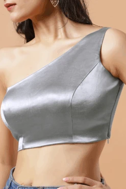 Giana Sliver One Shoulder Satin Comfort Stretch™ Blouse 7 Giana Sliver One Shoulder Satin Comfort Stretch™ Blouse -One Minutesaree Shop Giana Silver One Shoulder Satin Stretch Blouse 3