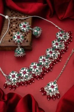 Khursh Red Stone Oxidized Necklace And Jhumka Earrings Set