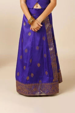Afra Navy Blue Moss Weave Silk Wrap Around Saree Skirt For Kids & Tweens