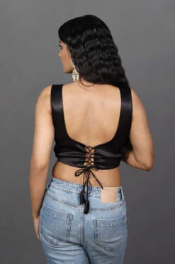 Betty Black Satin Comfort Stretch™ Adjustable Size Sleeveless Blouse -One Minutesaree Shop OMS BL 0017 4