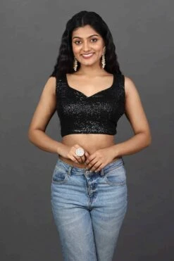 Nadya Black Embroidered Sequin Sweetheart Neckline Blouse