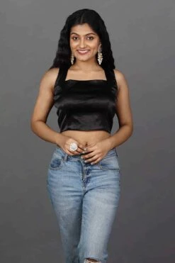 Ananya Black Satin Comfort Stretchâ„¢ Square Neck Criss-Cross Back Adjustable Blouse