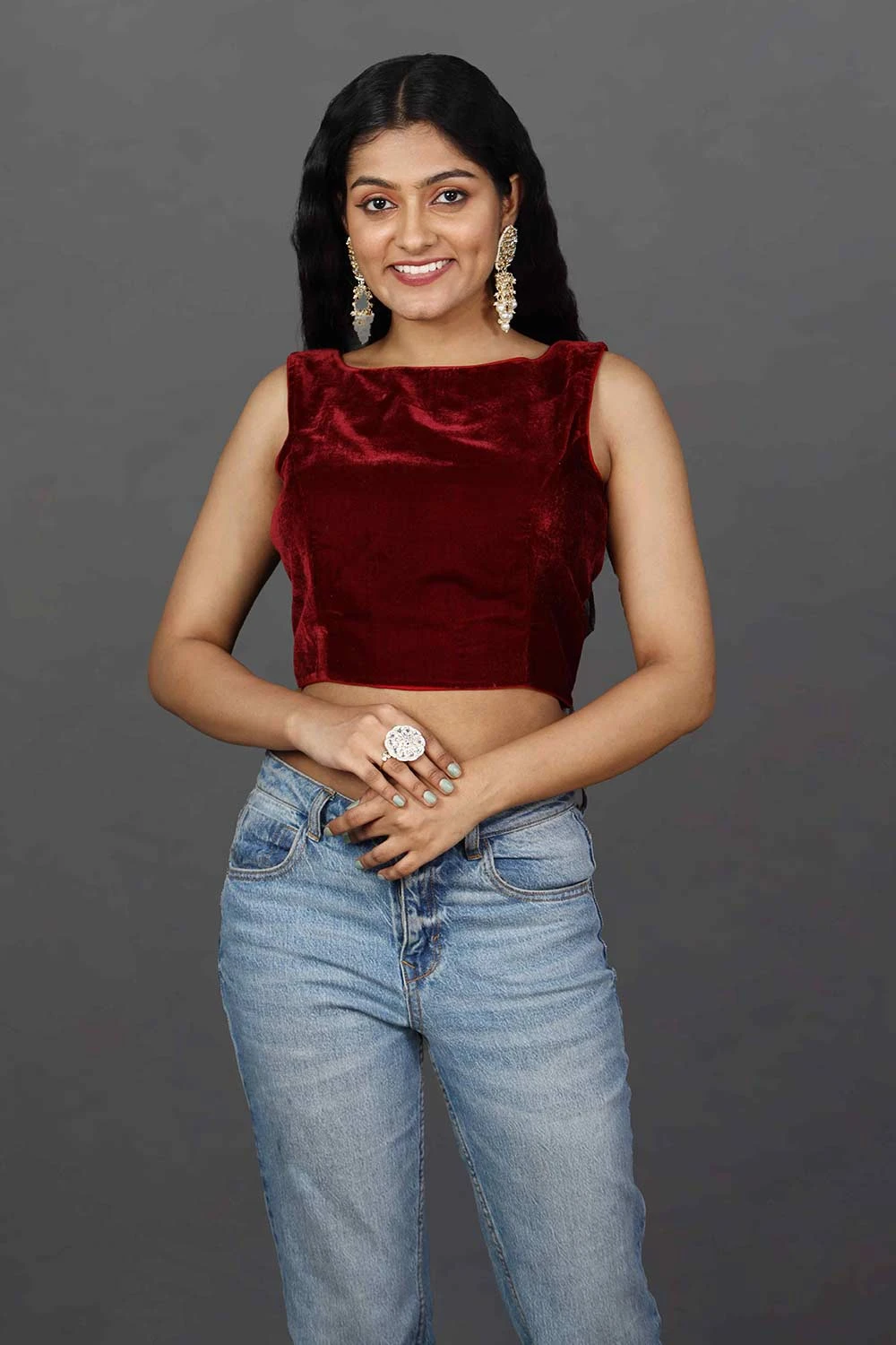 Merve Burgundy Velvet Boatneck Tie-Back Custom Design Blouse