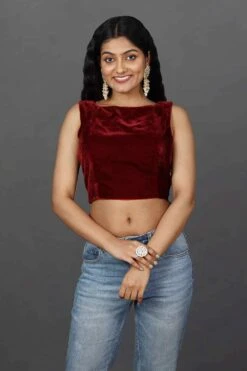 Merve Burgundy Velvet Boatneck Tie-Back Custom Design Blouse -One Minutesaree Shop OMS BL 0023 2
