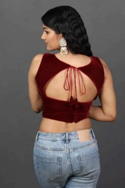 Merve Burgundy Velvet Boatneck Tie-Back Custom Design Blouse -One Minutesaree Shop OMS BL 0023 4